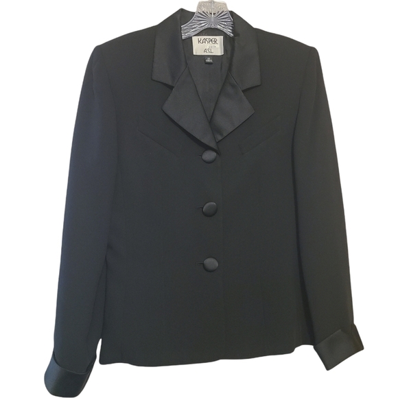 Kasper A.S.L. | Women's Black Career Blazer With Satin Trim (Size 10) - Picture 1 of 11